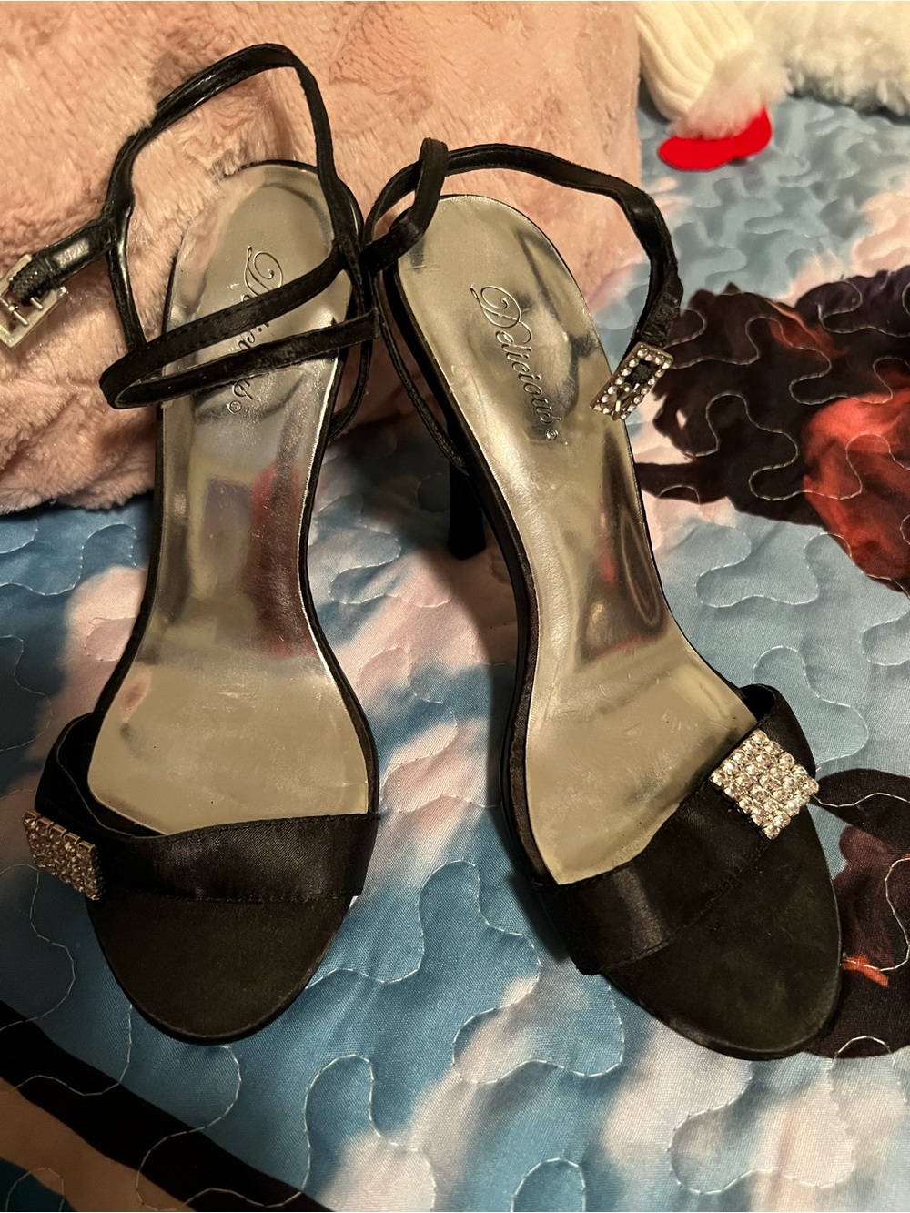 Delicious Black Satin Rhinestone-Strap Heels
